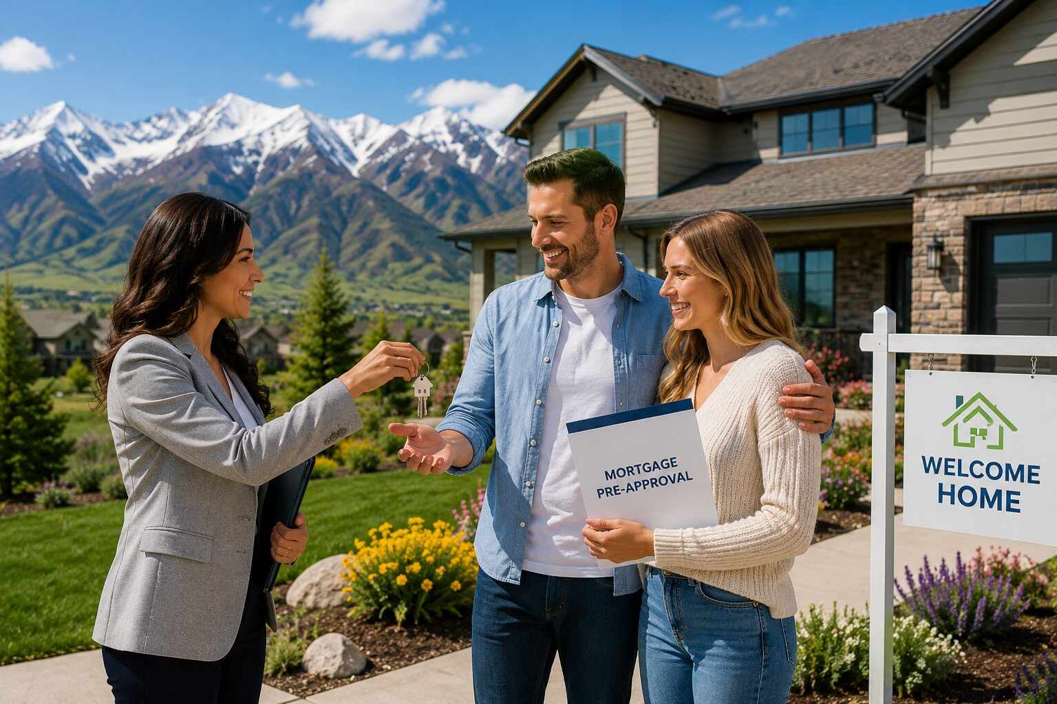 Mortgage advisor handing house keys to a first-time home buyer outside a modern Utah home.