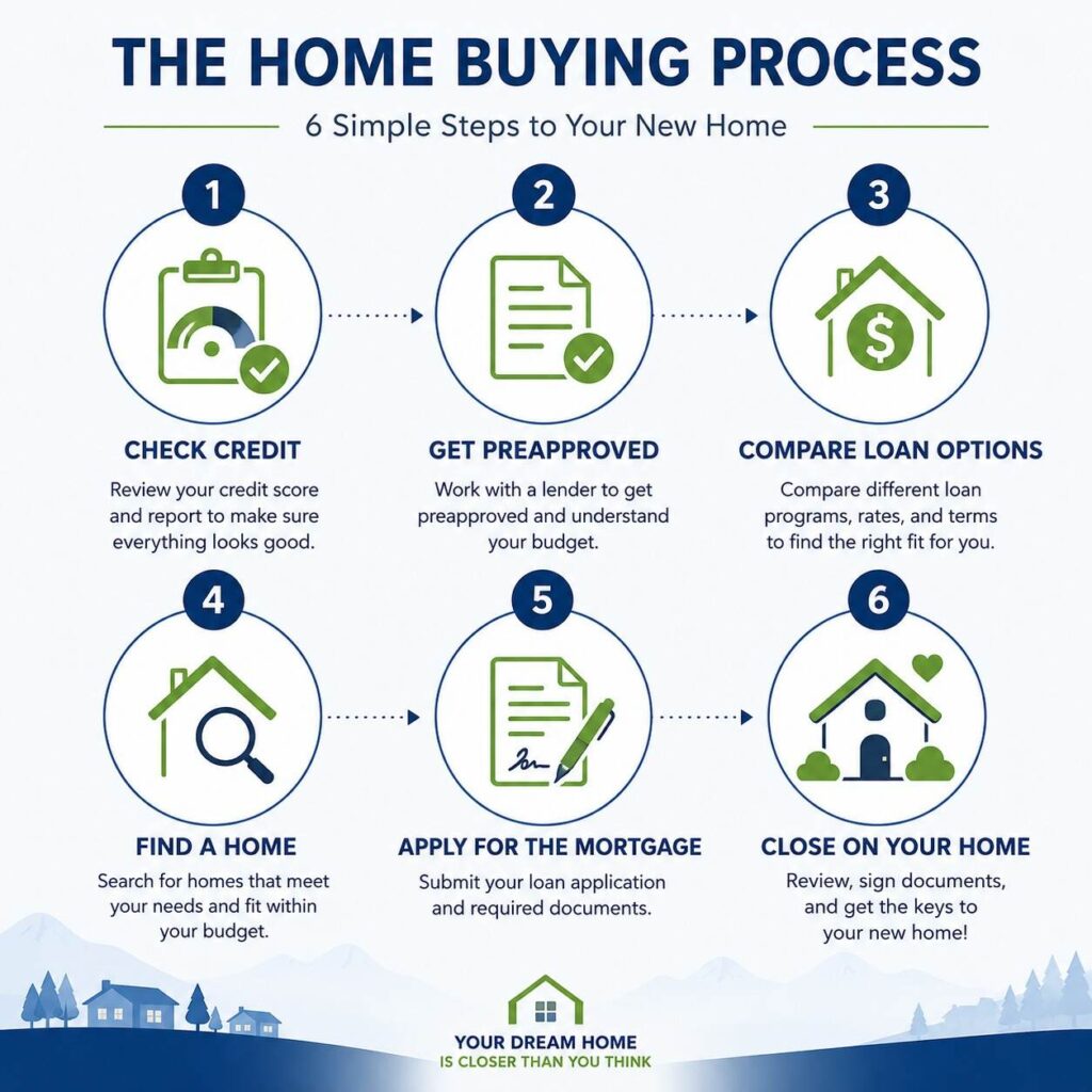 Infographic illustrating the six steps of the home buying process for first-time buyers.