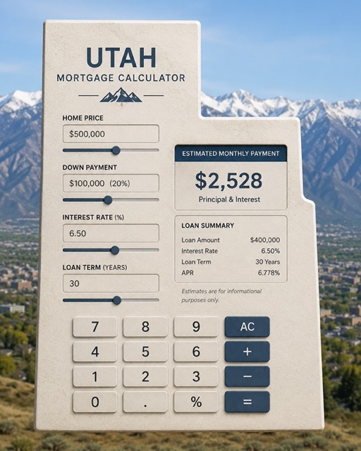 A mortgage calculator designed to look like the state of Utah denoting “home price”, “down payment”, “interest rate”, and “loan term” sections along with a loan summary and estimated monthly payment.