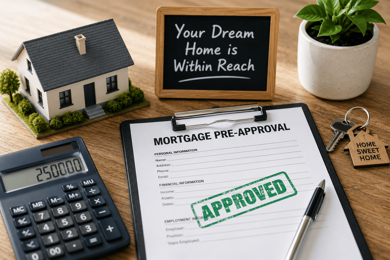 A clipboard with an approved application for mortgage pre approval for a first time homeowner.