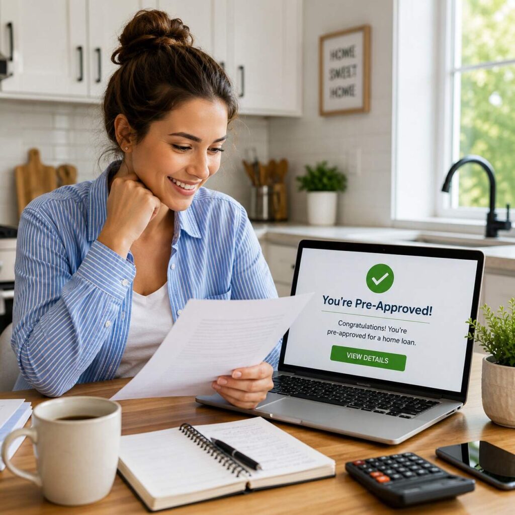 First-time home buyer reviewing mortgage preapproval documents on a laptop at home.