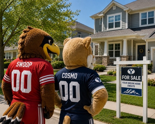 Swoop and Cosmo the Cougar looking at a house that is for sale in a residential neighborhood near the Wasatch mountains.