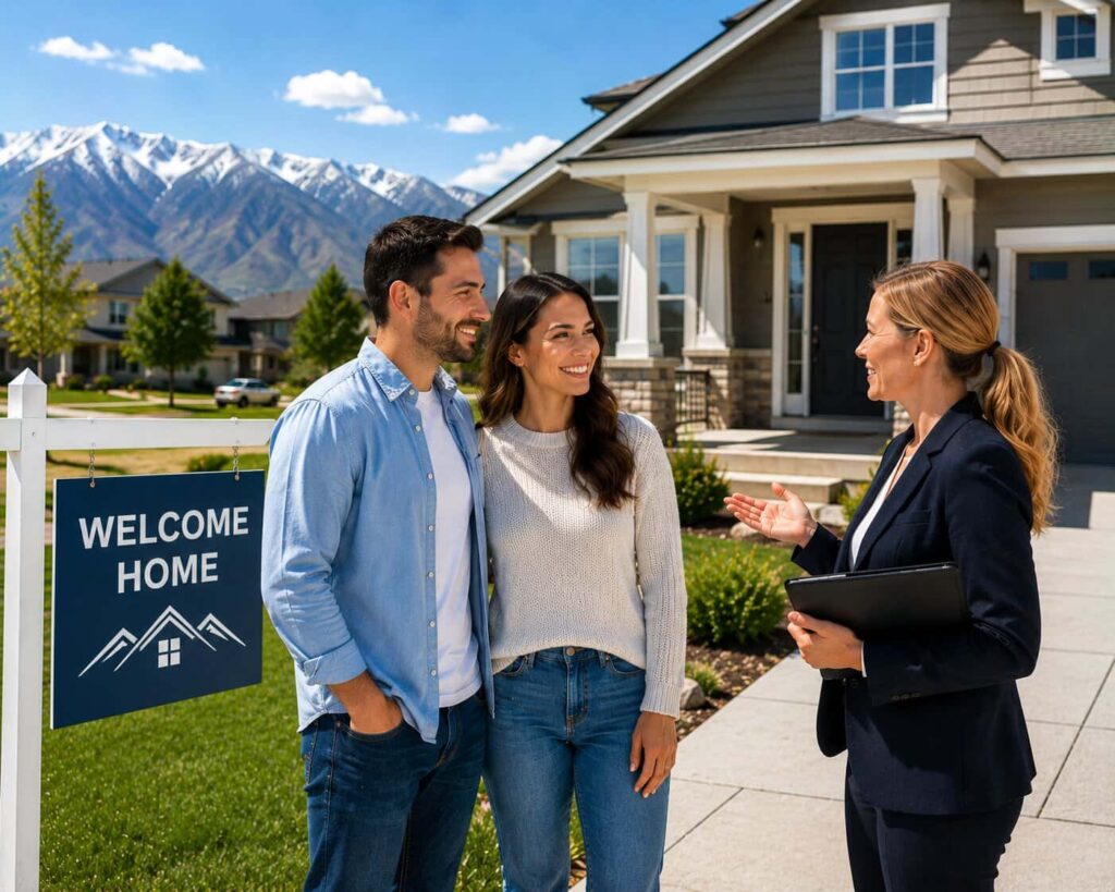 Utah first time home buyer programs consultation with a mortgage advisor helping a young couple purchase their first home.