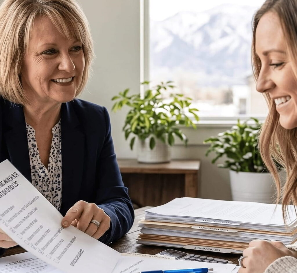A smiling first-time home buyer sitting across a desk from a helpful local Utah mortgage lender.