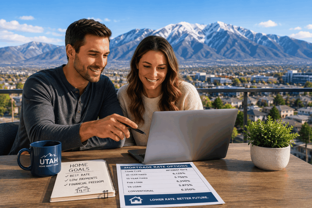 Utah couple reviewing mortgage rate options on a laptop with the Wasatch mountains in the background