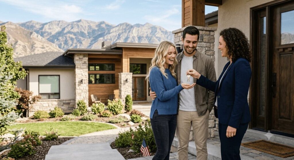 Happy first-time home buyers receiving the keys to their new home after closing on a
mortgage in Utah.