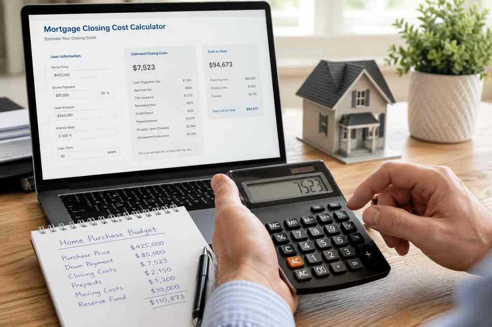 Closing cost calculator screen showing estimated closing costs and cash to close for a Utah home purchase.