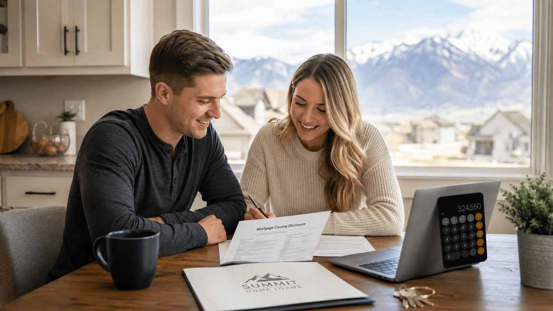 First-time home buyer couple reviewing mortgage closing disclosure paperwork at their kitchen table in Utah.