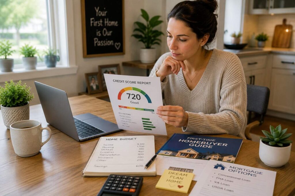 Future homeowner reviewing credit score, budget, and mortgage options before buying a home.