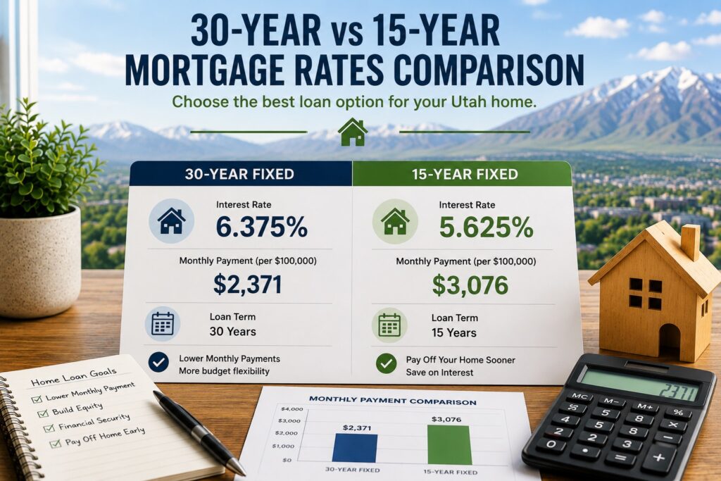 Side-by-side comparison of 30-year mortgage rates and 15-year mortgage rates for a Utah home loan.