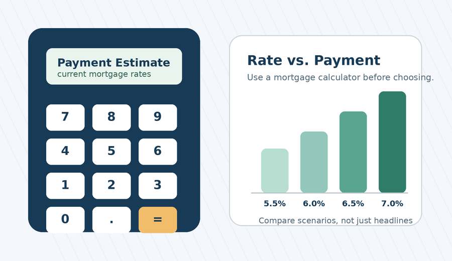 Mortgage calculator showing how current mortgage rates affect monthly home loan payments.