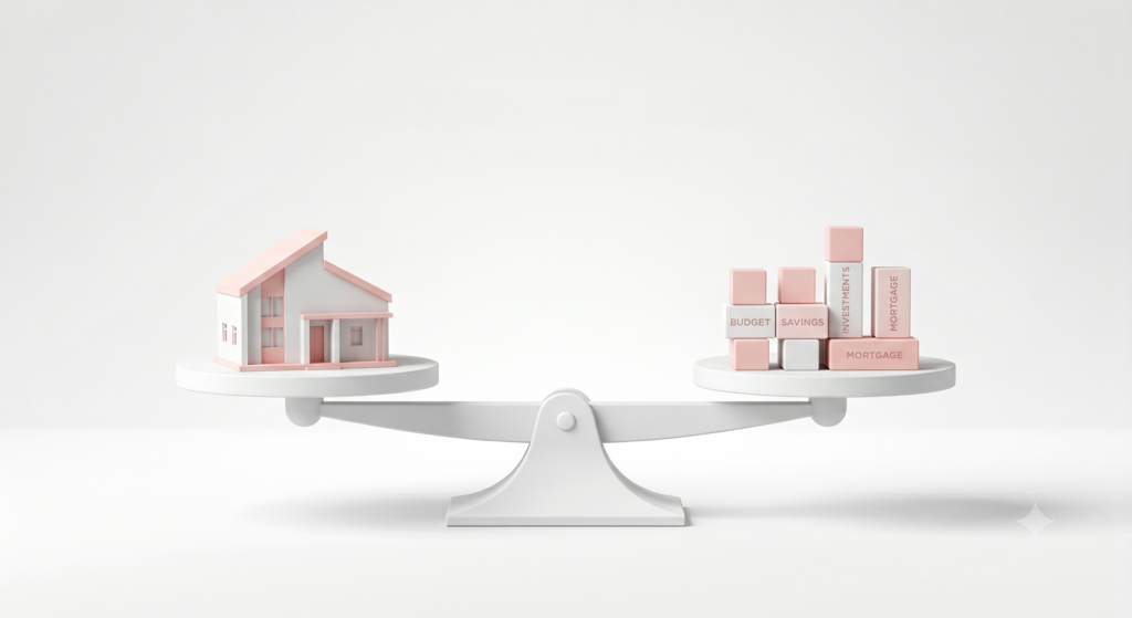 A conceptual minimalist scale balancing a house model and financial blocks to represent a healthy debt to income ratio for a mortgage.