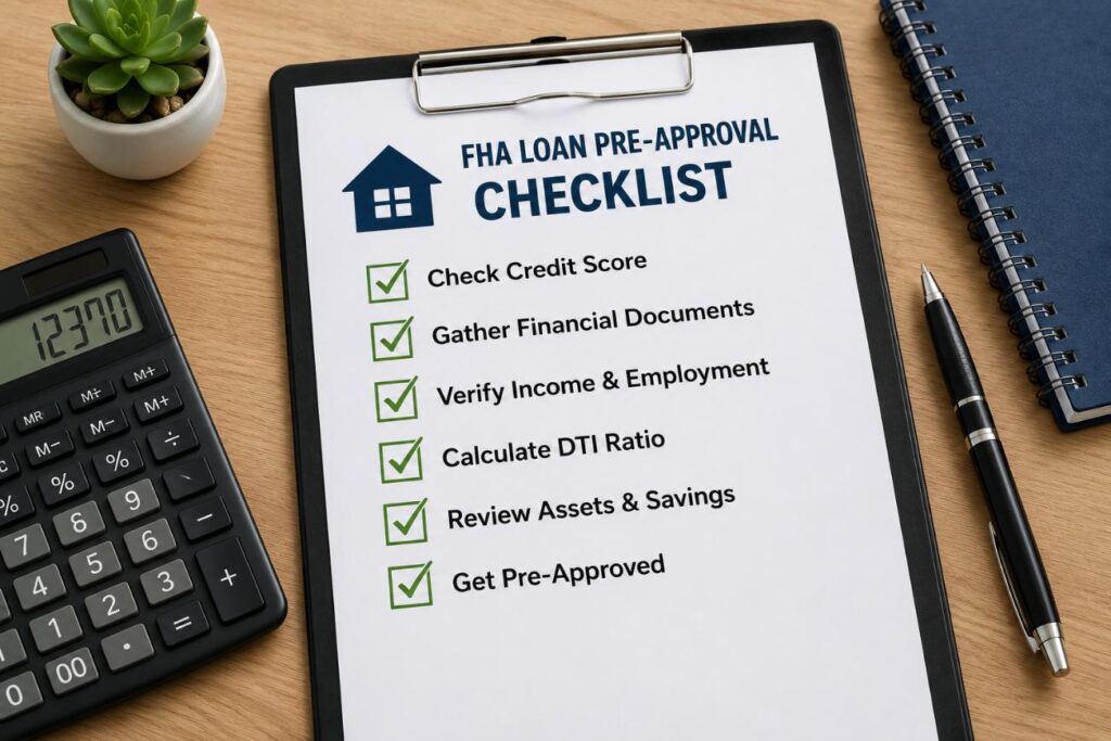Checklist showing the steps to qualify for an FHA loan and get pre-approved in Utah.