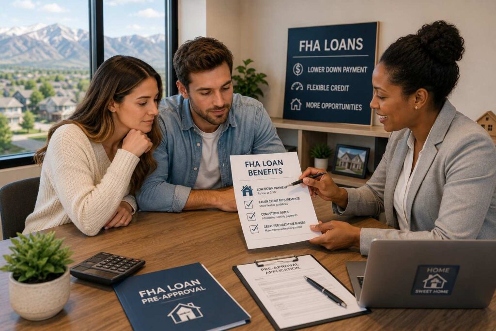 Couple reviewing FHA loan paperwork and discussing mortgage pre approval with a lender.