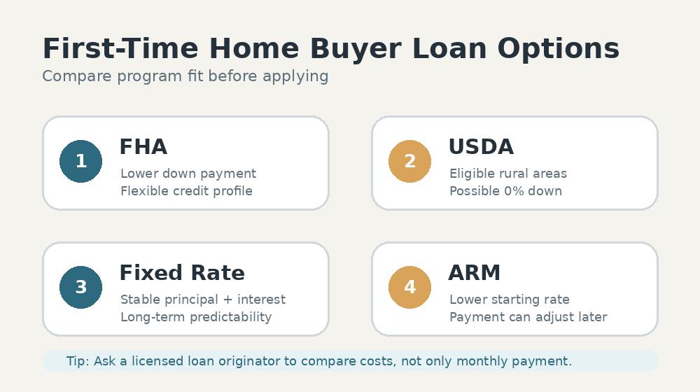 First time home buyer loan options comparing FHA, USDA, fixed rate mortgage, and adjustable rate mortgage choices