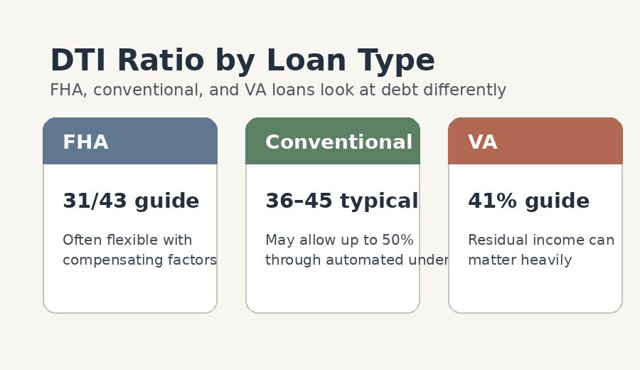 FHA, conventional, and VA debt-to-income ratio guide comparing common mortgage qualification guidelines