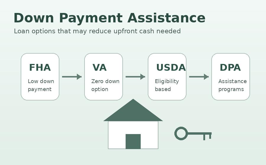 First time home buyer down payment assistance options for FHA VA USDA and conventional mortgage loans.