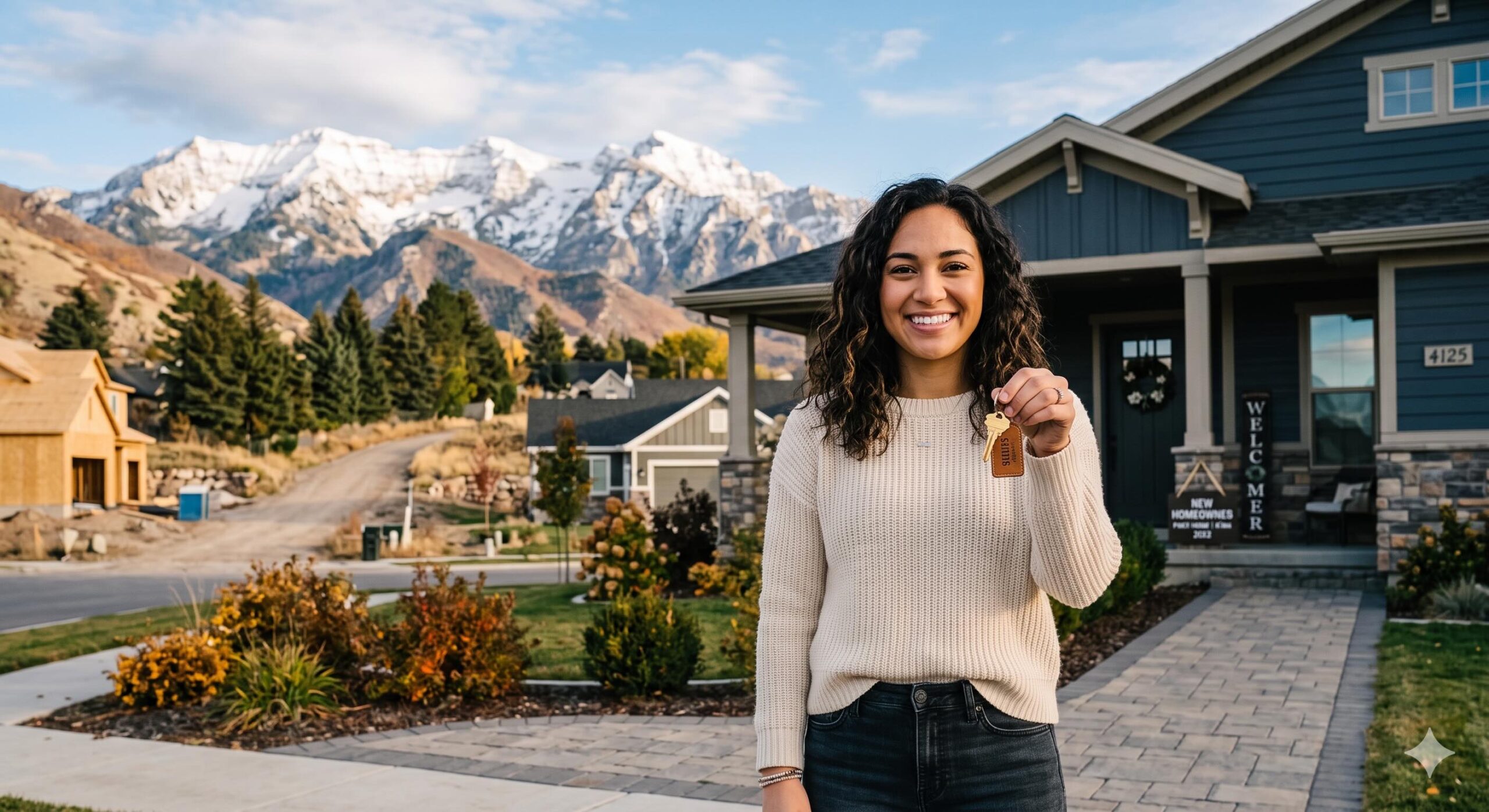 First-time home buyer holding keys to a new residential property in Utah with mountains in the background.