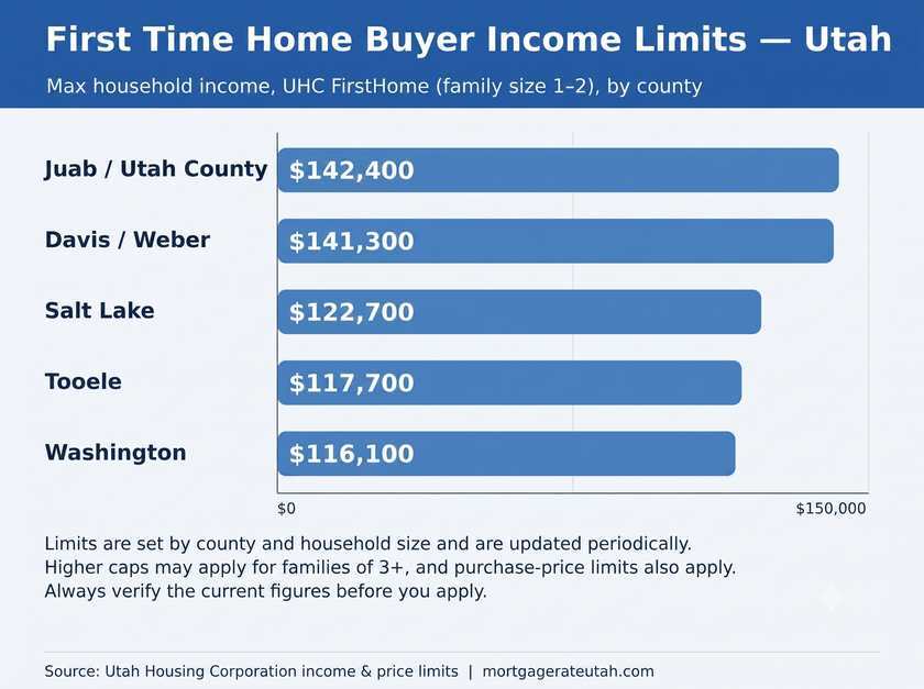 Bar chart of first time home buyer income limits in Utah by county, ranging from $116,100 in Washington County to $142,400 in Utah and Juab counties.