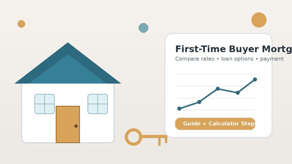 First time home buyer mortgage guide showing a house, keys, and a mortgage rate calculator