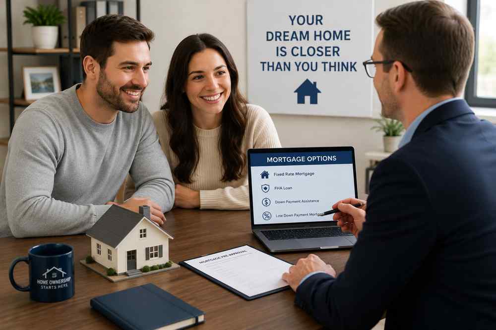 First-time home buyers meeting with a mortgage advisor to discuss loan options.