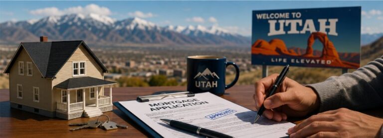 First-time home buyer reviewing mortgage paperwork for a home in Utah.