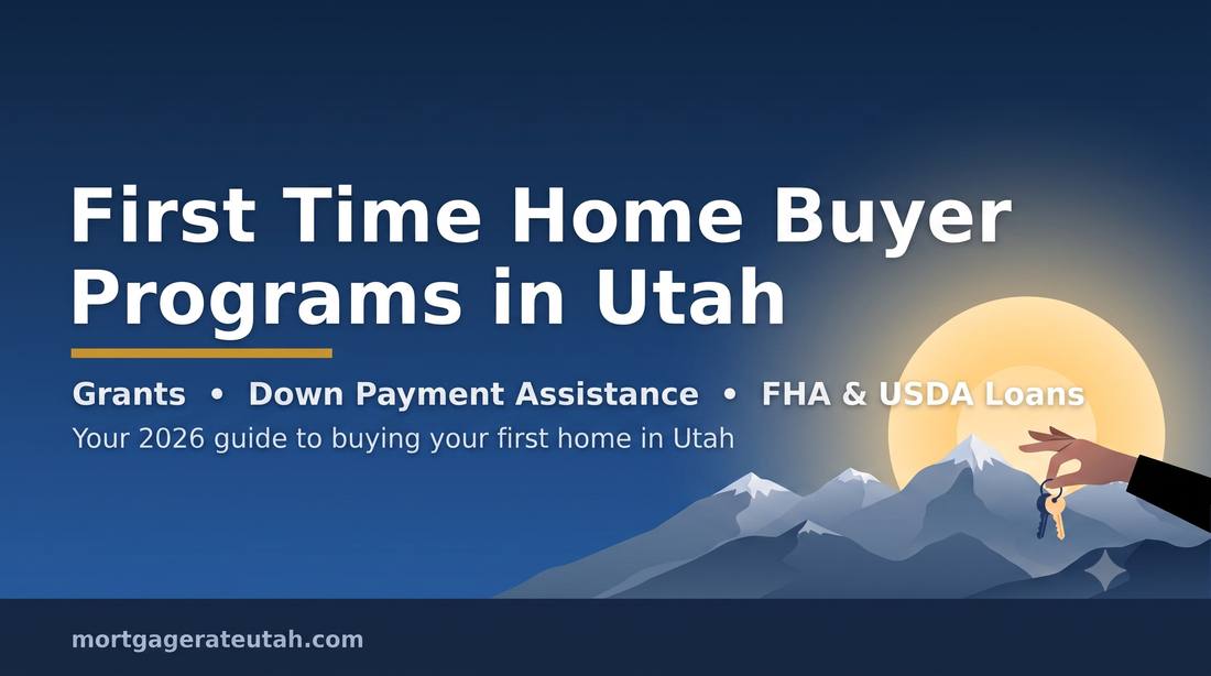 Illustrated hero banner reading “First Time Home Buyer Programs in Utah” over the Wasatch Mountains at dawn, highlighting grants, down payment assistance, and FHA and USDA loans.