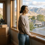 A young buyer looking out the window of a newly purchased home in Utah, feeling relieved and peaceful.