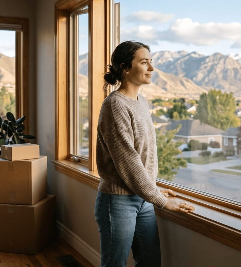 A young buyer looking out the window of a newly purchased home in Utah, feeling relieved and peaceful.