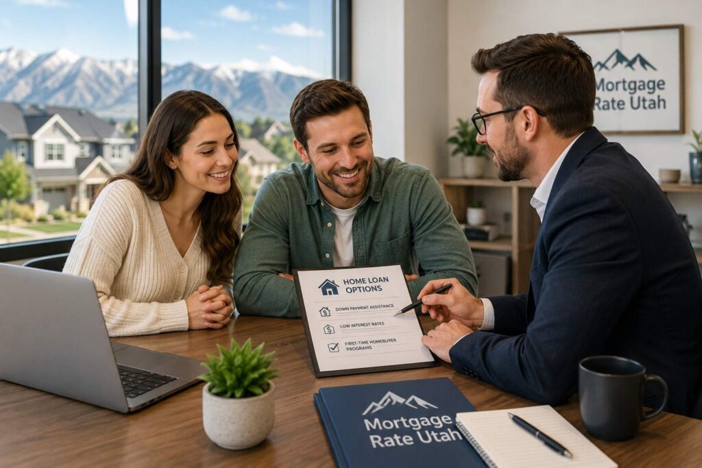 First-time home buyers meeting with a mortgage lender in Utah while discussing loan options and down payment assistance.