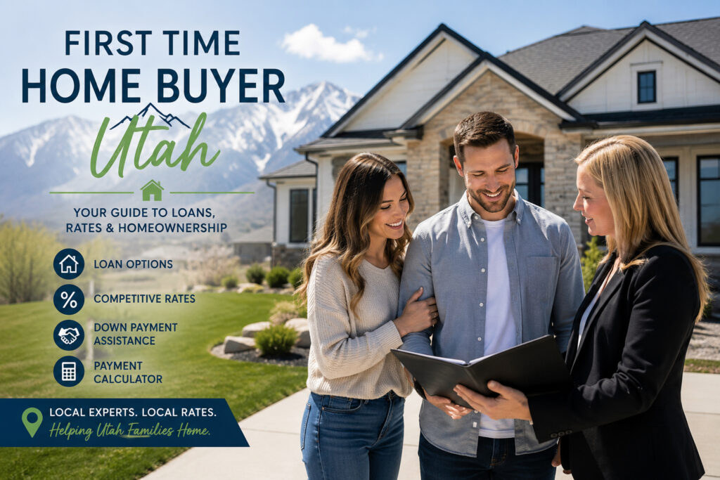 First-time home buyers reviewing mortgage options with a Utah mortgage lender outside a home in Utah.