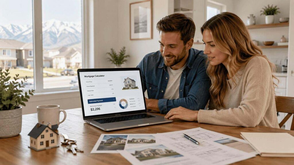 First-time home buyers reviewing a mortgage calculator together at a kitchen table in their home