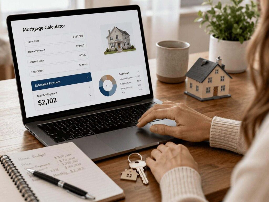 Close-up of a first time home buyer mortgage calculator showing estimated monthly payment, down payment, and loan detail