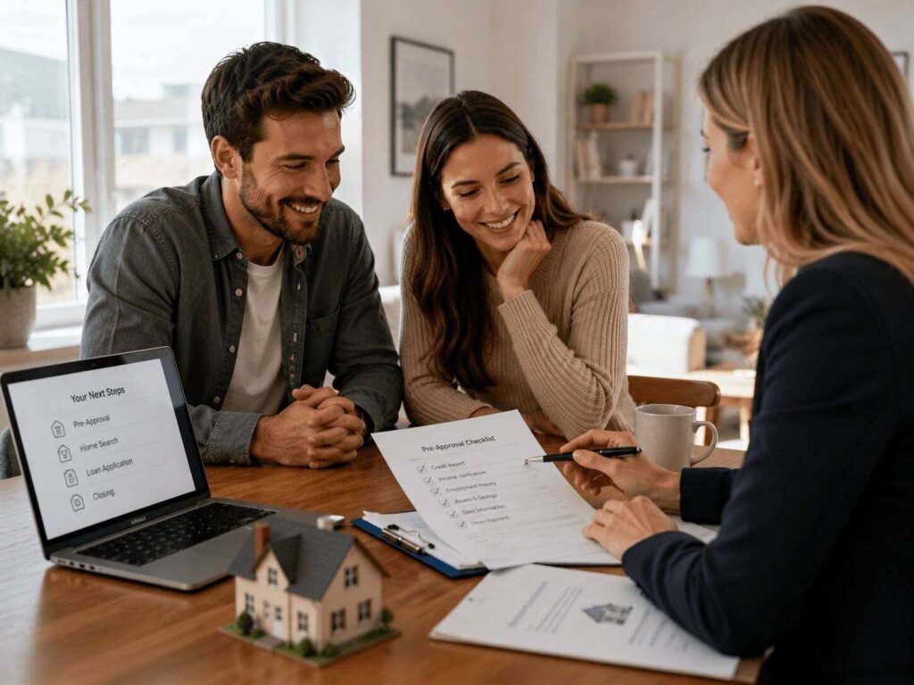 First-time home buyers meeting with a mortgage lender to review pre-approval steps and home loan documents