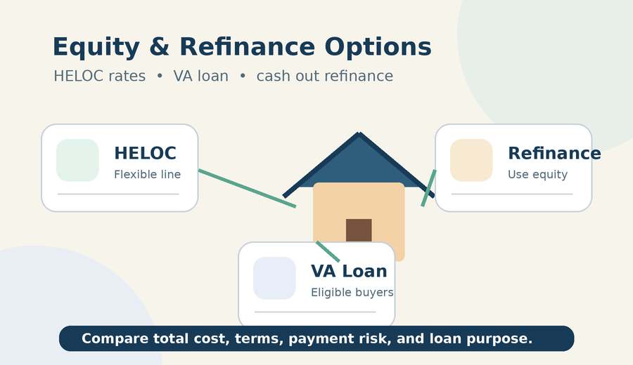 Homeowner comparing HELOC rates, a VA loan, home equity loan rates, and cash out
refinance options.