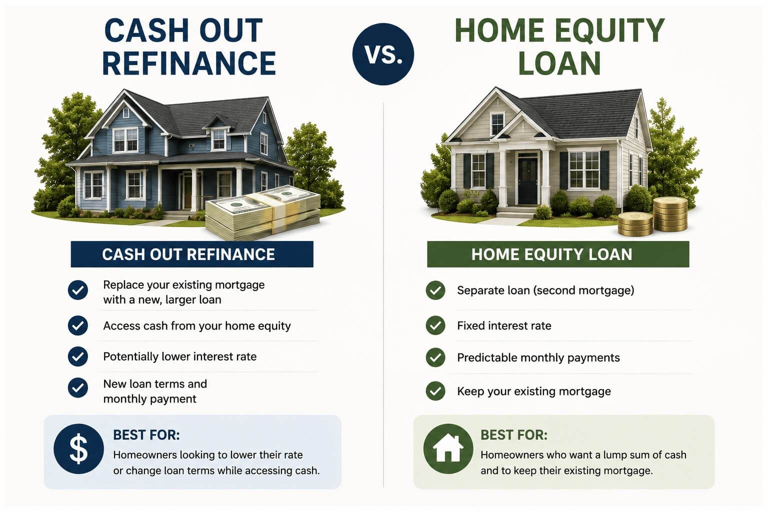 Comparison of home equity loan and cash out refinance options.