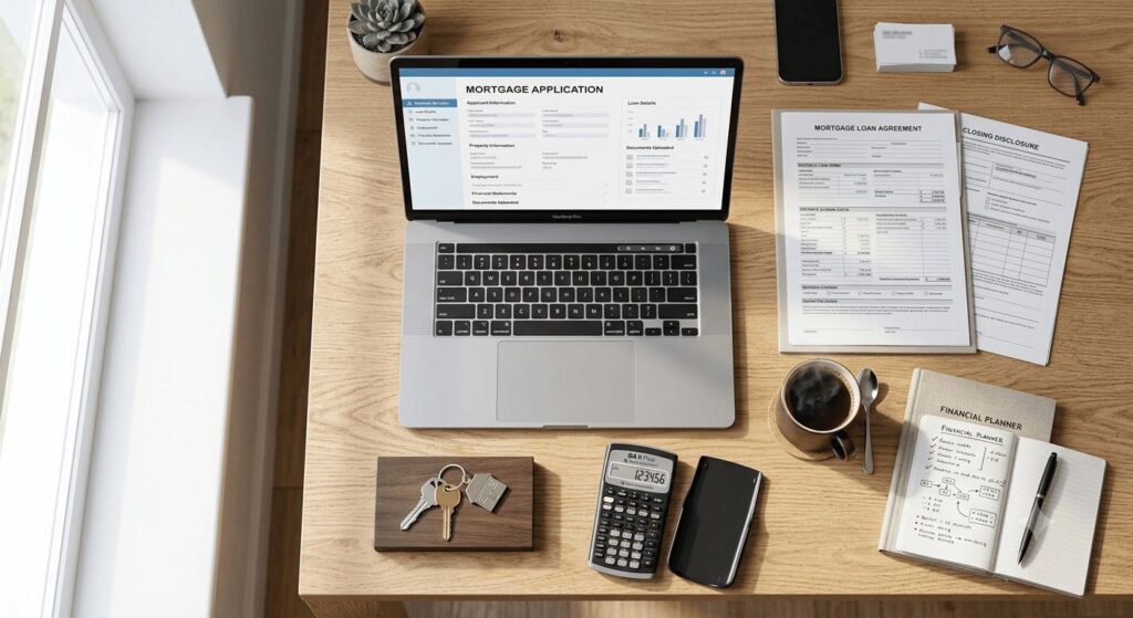 Mortgage pre-approval documents, calculator, and house keys on a desk.