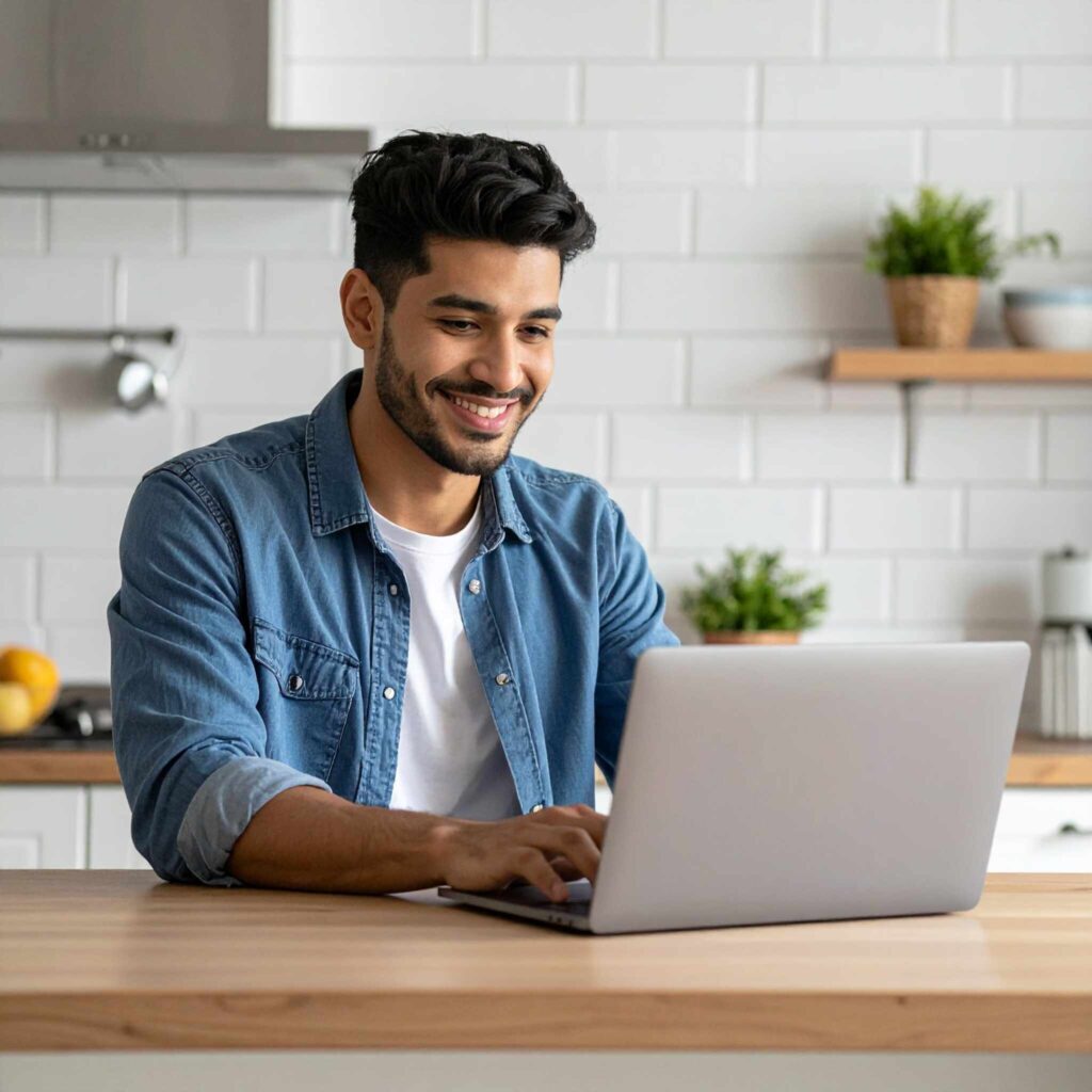 A first-time home buyer using a laptop to apply for a VA mortgage loan online.