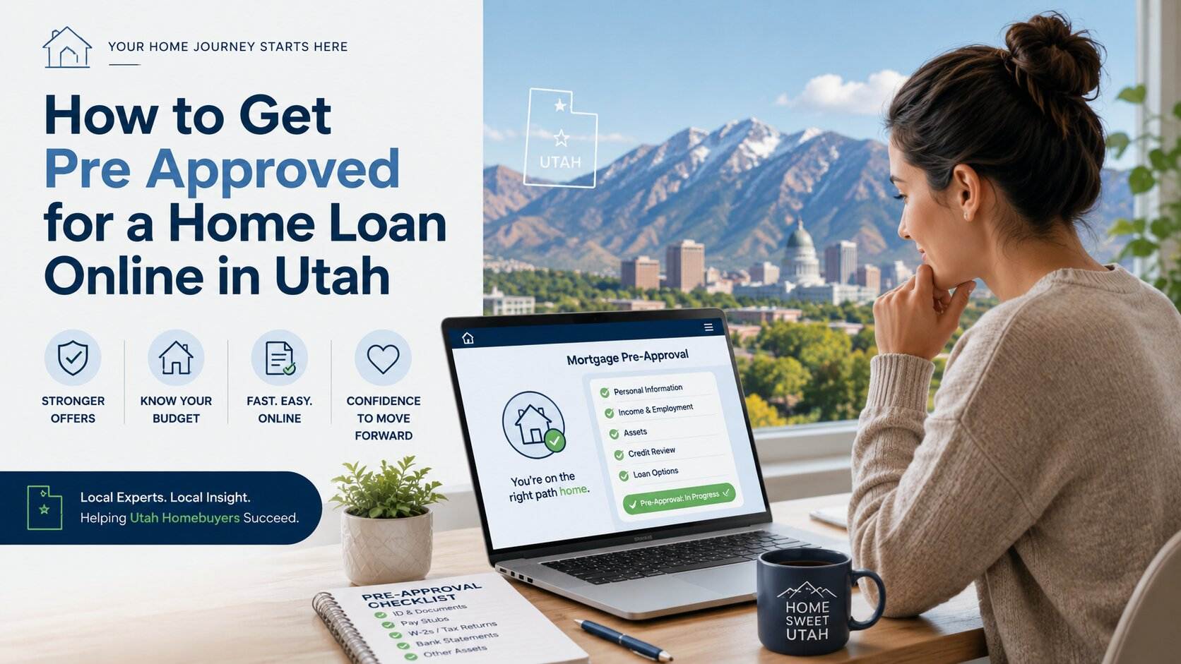 Utah first-time homebuyer learning how to get pre-approved for a home loan online before shopping for a house.