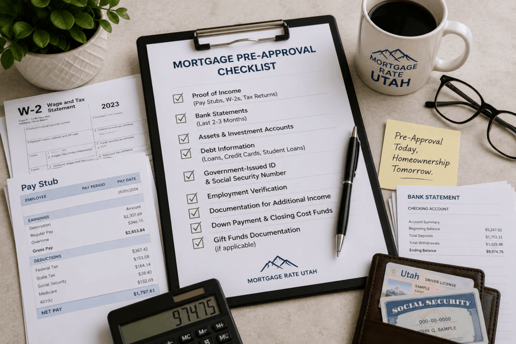 Documents needed for how to get pre approved for a mortgage including income, credit, and bank statements.