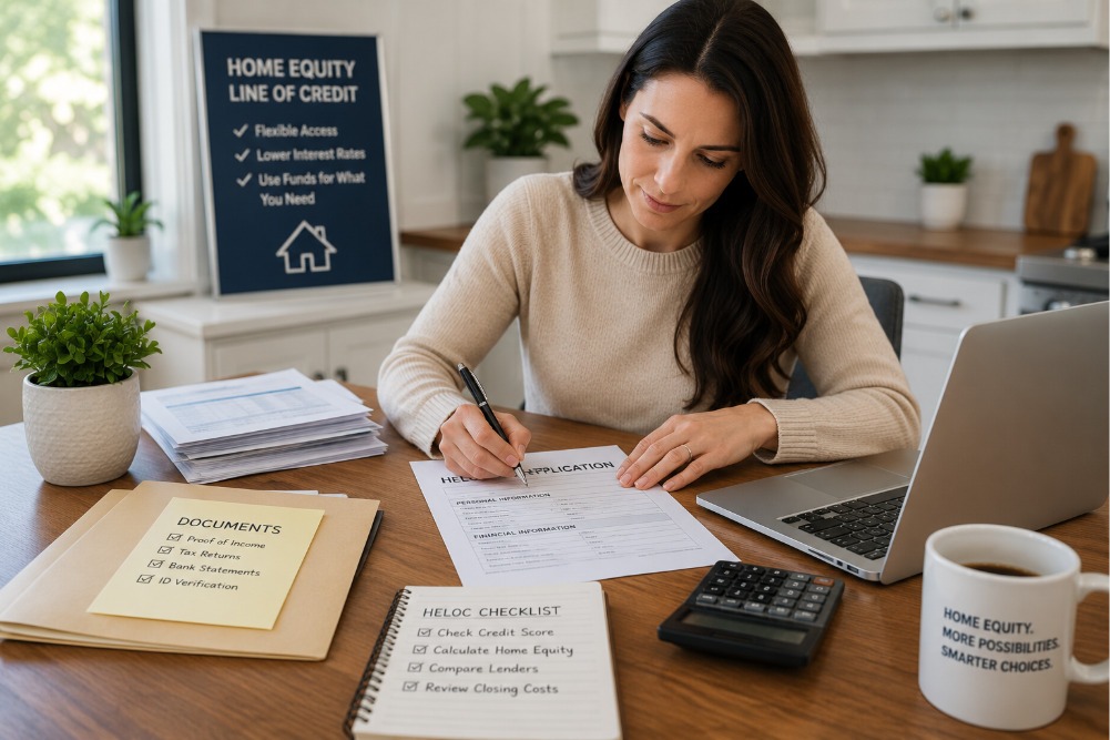 Utah homeowner completing a HELOC application with financial documents