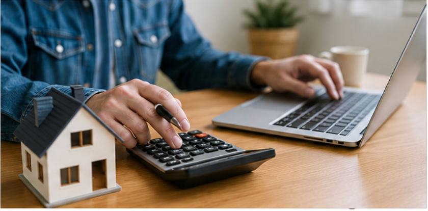 Person using a mortgage rate calculator and researching current mortgage rates on laptop.