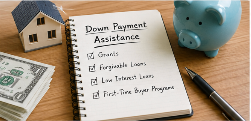 Down payment and mortgage payment assistance programs for homebuyers with checklist and piggybank.