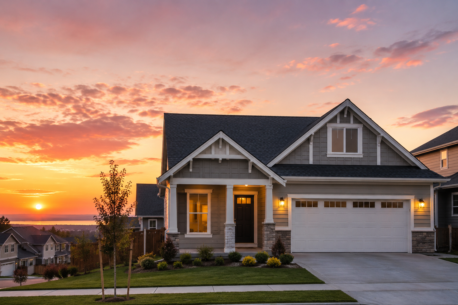 Beautiful suburban home at sunset illustrating mortgage rates today and homeownership.