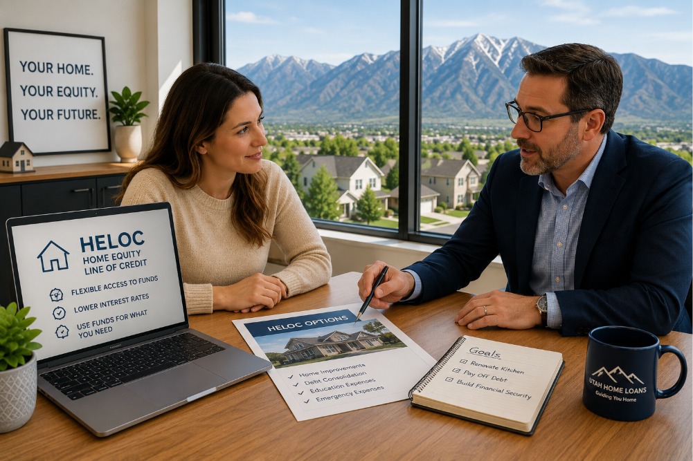 Utah homeowner reviewing Home Equity Line of Credit options with a mortgage advisor