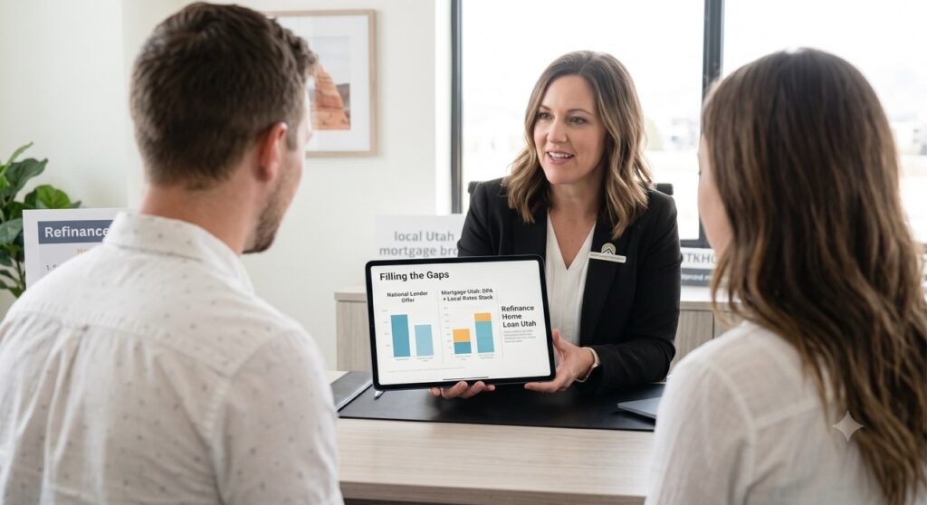 Friendly professional using a digital tablet to explain simple home loan graphs to a couple. 