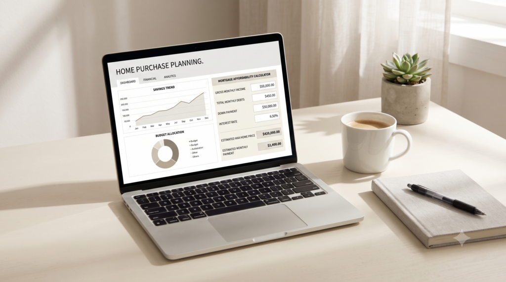 A clean, minimalist desk setup featuring a laptop with a mortgage affordability calculator dashboard, highlighting financial planning for a home loan.