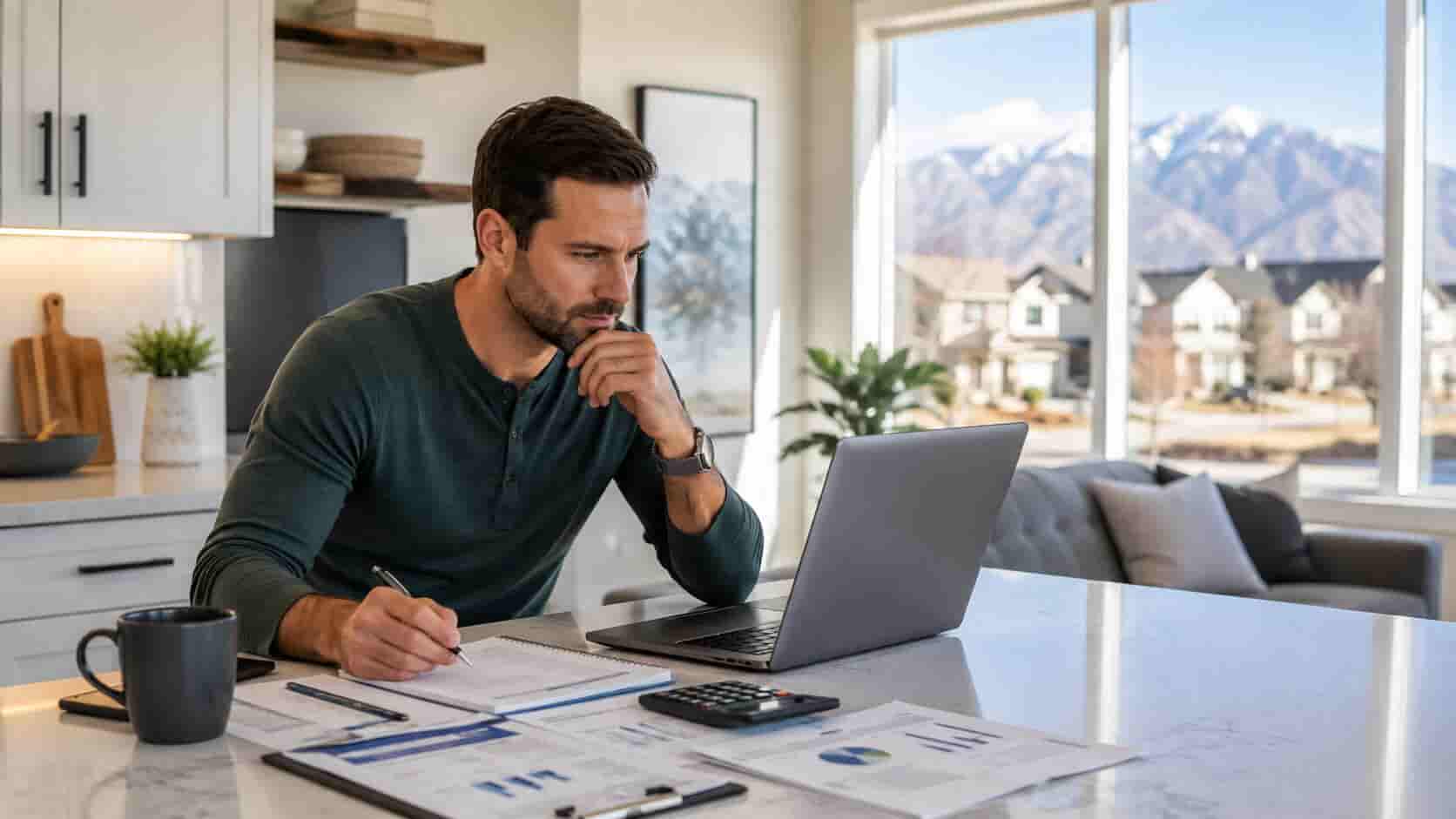Utah homebuyer using a mortgage calculator to estimate monthly home loan payments.