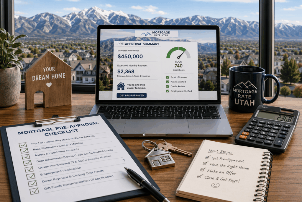 Mortgage pre approval checklist for Utah home buyers reviewing documents before applying.
