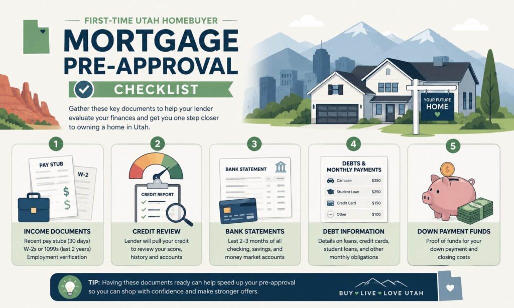 Mortgage pre-approval checklist showing documents needed for a Utah home loan application.